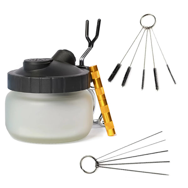 Eagle Airbrush Pot Holder & Cleaning Solution Kit | 12-Piece Airbrush Cleaner Kit with Glass Cleaning Pot Jar, 5 pc Cleaning Needles, 5 pc Cleaning Brushes, 1 Wash Needle