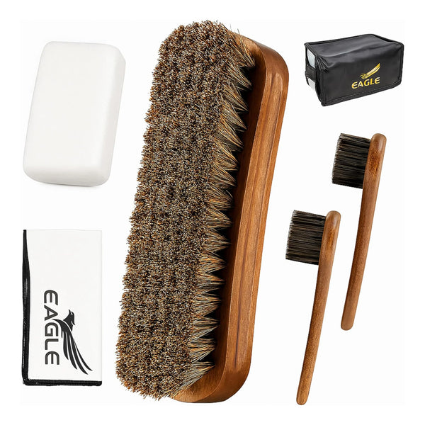Eagle Shoe Shine Brush Kit 5-Piece Leather Care Set with Horsehair Brush, Daubers, Shine Sponge & Polishing Cloth for Shoes, Boots, Bags & Accessories