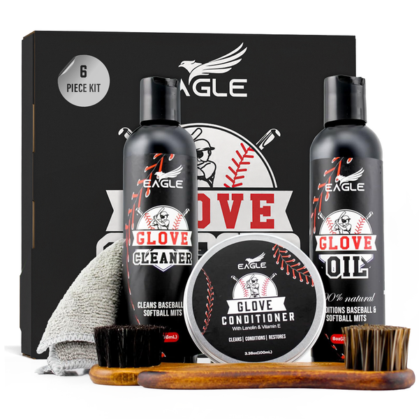 Eagle Baseball Glove Maintenance Kit – Leather Mitt Cleaner (8oz), Glove Oil (8oz), Conditioner (3.38oz), 2 Applicators & Microfiber Cloth – Full Baseball & Softball Glove Care Kit