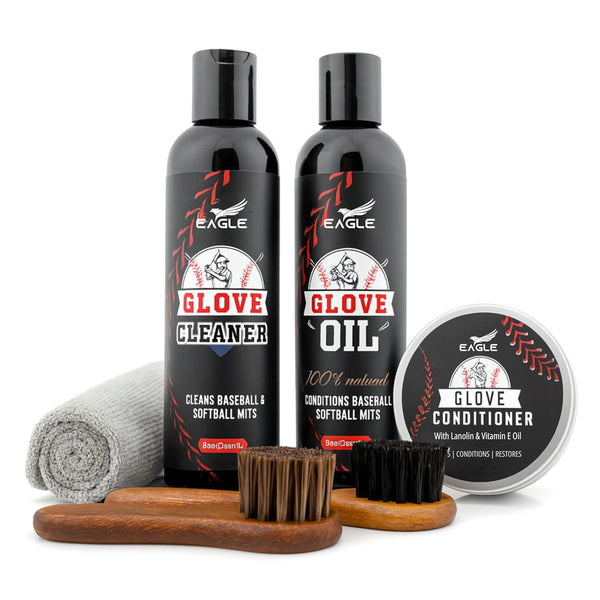 Eagle Baseball Glove Care Kit – Glove Cleaner (8oz), Oil (8oz), Conditioner (3.38oz), 2 Applicators & Cloth – Complete Leather Glove Maintenance Kit for Baseball, Softball, Catcher’s Mitts & More