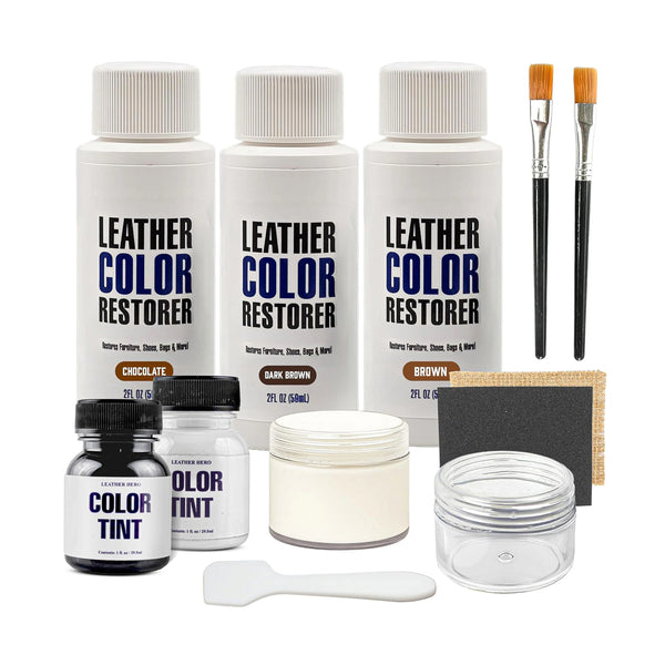 Leather Hero Brown Leather Repair Kit for Couch, Car Seats, and Furniture – 11-Piece Vinyl and Faux Leather Repair Set for Cracks, Peeling, Scratches, and Scuffs – Includes Color Restorer and Tools