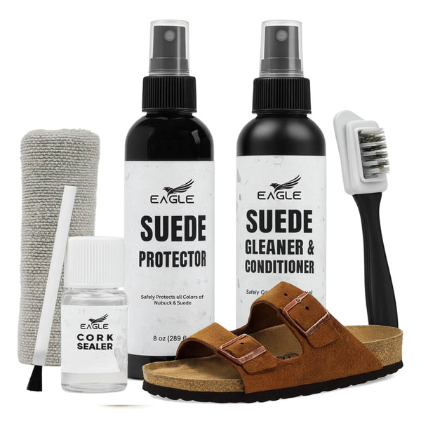 Eagle 5-in-1 Sandal & Clog Cleaning Kit – Compatible with Birkenstocks – Suede & Nubuck Cleaner, Protector Spray, Cork Sealer & 3-Way Brush – Safe for Leather, Suede, Nubuck & Cork Footbeds