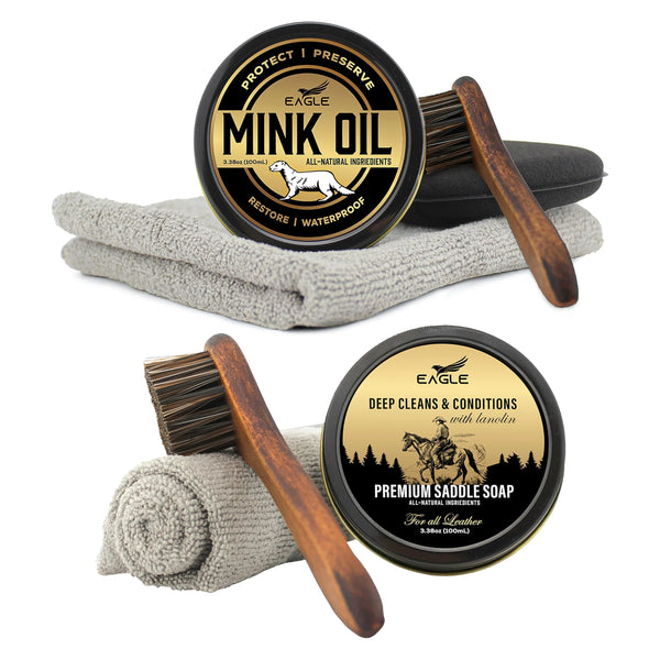 Eagle 7-Piece Leather Cleaning & Conditioning Set – Includes Saddle Soap, Mink Oil Paste, 2 Horsehair Brushes, 2 Waffle Towels & Applicator Pad – Clean and Waterproof Leather Boots and Accessories