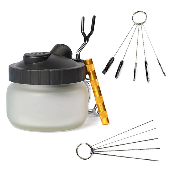 Eagle Airbrush Pot Holder & Cleaning Solution Kit | 12-Piece Airbrush Cleaner Kit with Glass Cleaning Pot Jar, 5 pc Cleaning Needles, 5 pc Cleaning Brushes, 1 Wash Needle