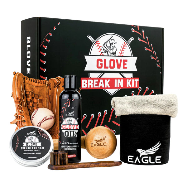 Eagle Glove Break in Kit - Glove Oil (8.45oz), Conditioner (3.38oz), Wrap, Mallet, Applicator & Cloth, 6-Pieces Set for Baseball Gloves, Softball Gloves