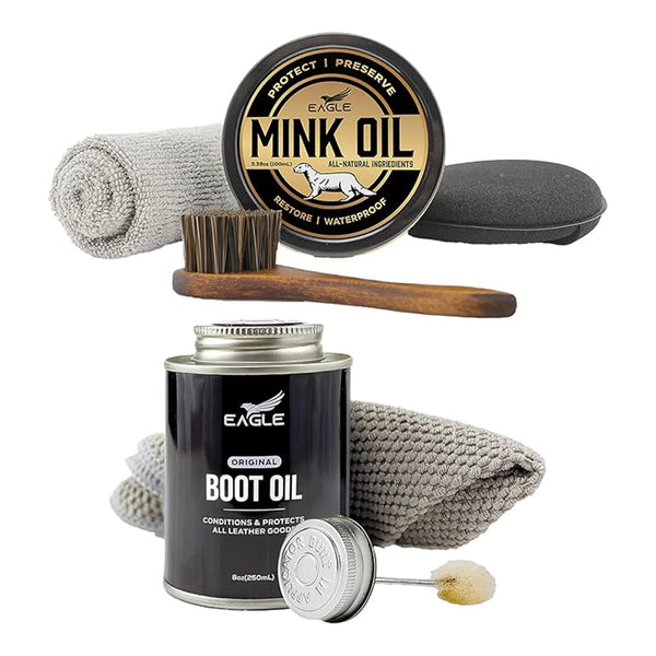Eagle Leather Boot Conditioning & Waterproofing Kit – Mink Oil 4-Piece Set + 8.45oz Leather Boot Oil – All-Natural Cleaner & Conditioner for Work Boots, Cowboy Boots, Shoes & More