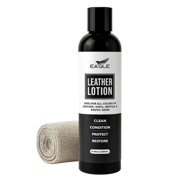 Eagle Leather Lotion – 8.5oz Leather Conditioner with Cloth for Boots, Jackets, Purses, Handbags & Bags – Lanolin & Natural Oils to Clean, Condition, Restore & Protect All Leather Colors