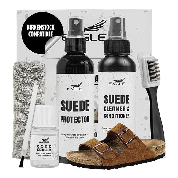 Eagle Sandal & Clog Complete Care Kit - Compatible with Birkenstocks - Suede & Nubuck Cleaner, Conditioner, Protector, Cork Sealer, 3-Way Brush, Eraser, and Microfiber Cloth for Sandals & Clogs
