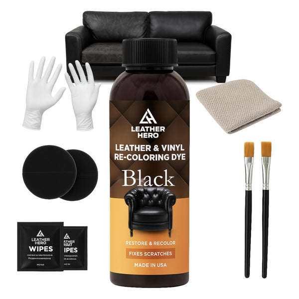 Leather Hero Black Color Restorer Kit – Leather Dye & Scratch Remover for Couches, Shoes, Car Seats – DIY Repair – Made in USA