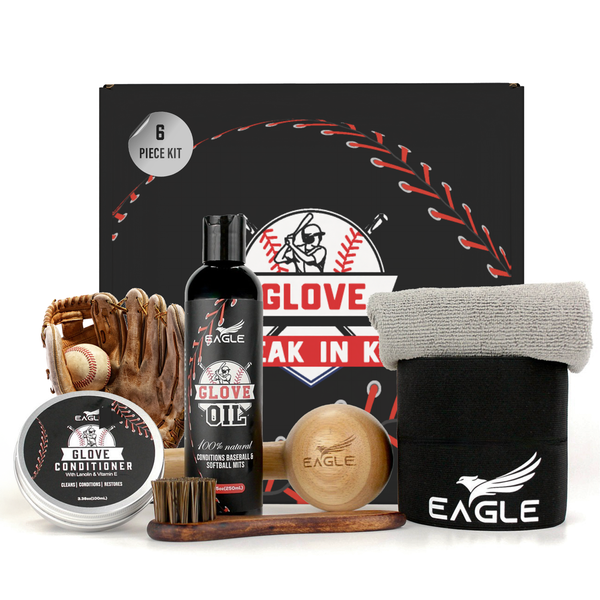 Eagle Glove Break in Kit - Glove Oil (8.45oz), Conditioner (3.38oz), Wrap, Mallet, Applicator & Cloth, 6-Pieces Set for Baseball Gloves, Softball Gloves